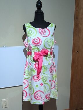 Jessica Howard White Dress with Pink & Lime Swirl Bow